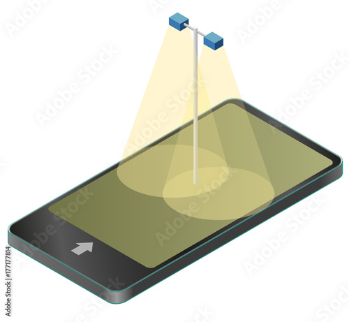 Street light, info graphic in mobile phone or tablet. Isometric blue lamp in communication technology paraphrase. Minimalistic street equipment on white background. Flatten isolated master vector icon