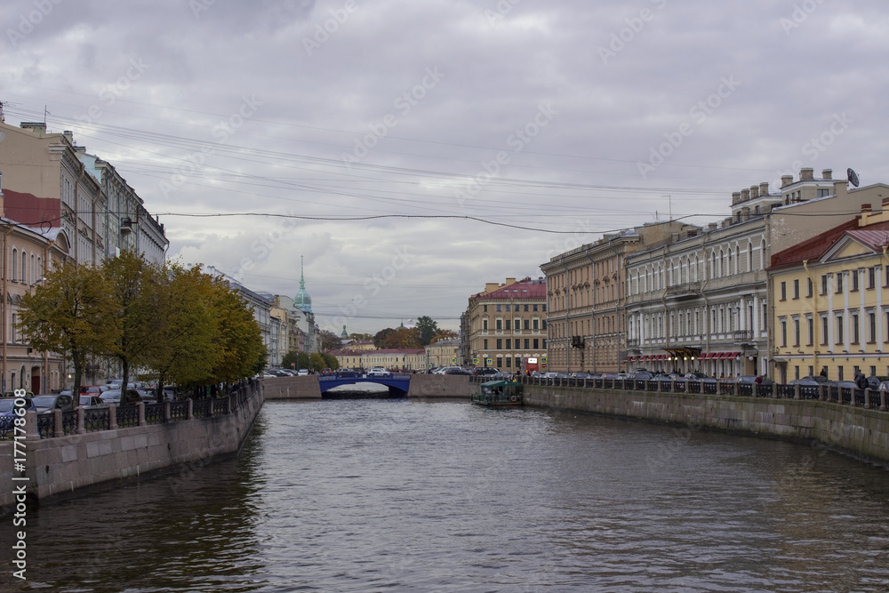 River Moika and view of the Blue Bridge, St. Petersburg, Russia