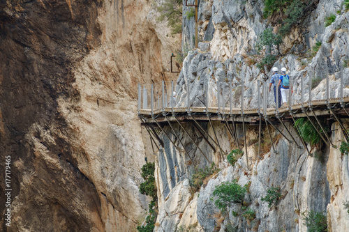 El Caminito del Rey footpath with tourists walking