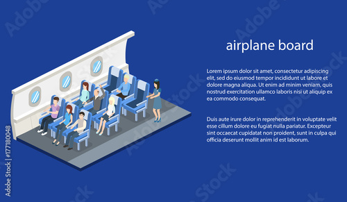 Isometric 3D vector illustration concept interior inside the plane with passengers and stewardess