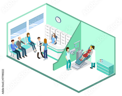 Isometric 3D vector illustration people are enrolled to see a dentist.