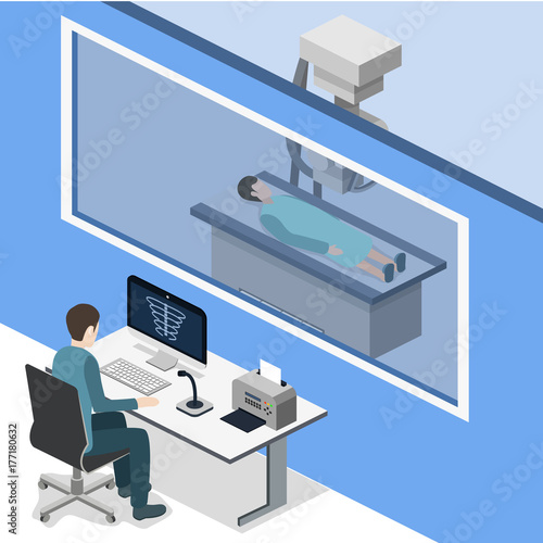 Isometric 3D vector illustration roentgen x-ray study.