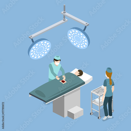 Isometric 3D vector illustration surgeon operates on the patient