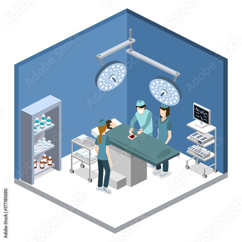 Isometric 3D vector illustration surgeon operates on the patient