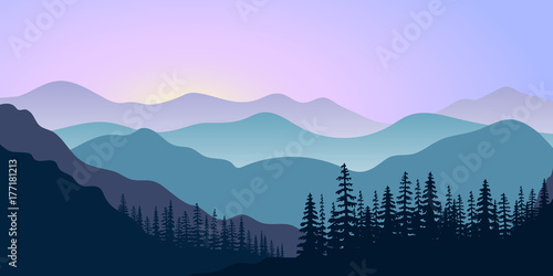 Valokuvatapetti landscape with silhouettes of mountains and forest at sunrise