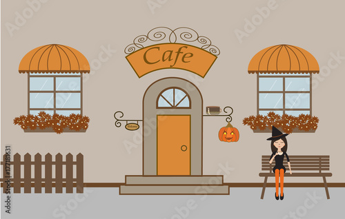 Pretty scenery in a rustic style. A cafe, beautiful girl, two windows with a striped awnings, door, stairs, flowers.A cute bench. A fence. A pumpkin. Helloween.Vector illustration  