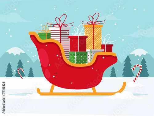 Santa Sleigh with Christmas Gifts. Flat Design Style.