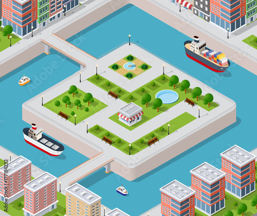River embankment with bridges of elements architecture, home, construction, block and park
