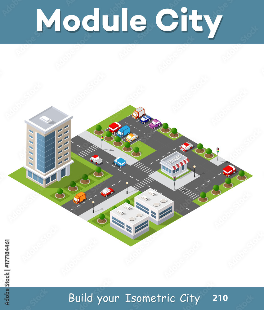 Urban district of the city in isometric landscape town infrastructure of houses, streets and buildings Urban district of the city in isometric landscape town infrastructure of houses, streets and buildings