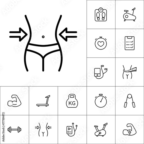 thin line slim diet icon, workout training set on white