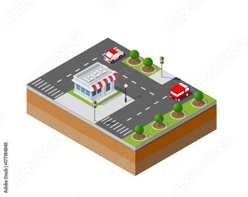  Urban district of the city in isometric landscape town infrastructure of houses  streets and buildings