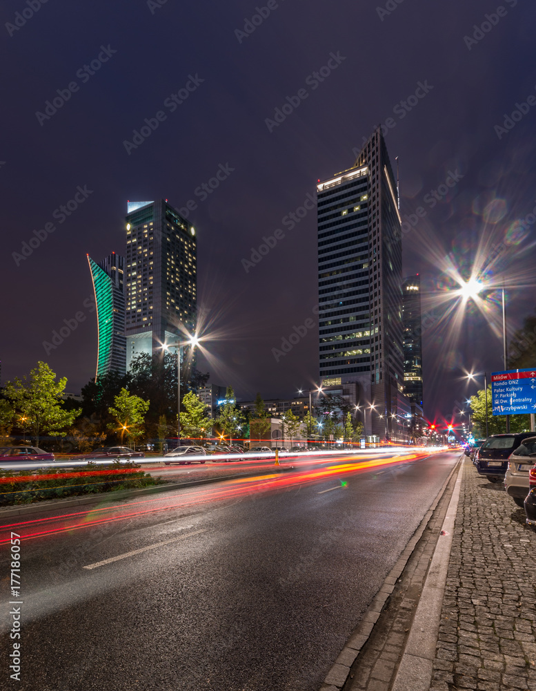Warsaw, capital Poland, skyscrapers in the city center in the night