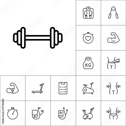 thin line dumbbell icon, workout training set on white
