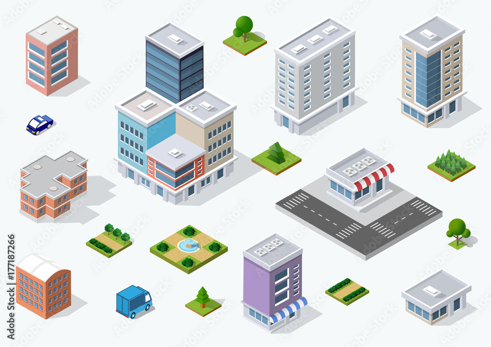  Urban district of the city in isometric landscape town infrastructure of houses, streets and buildings