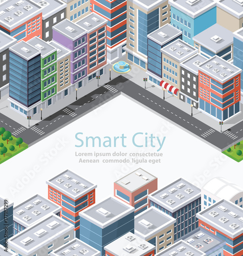 Smart city in isometric landscape urban infrastructure of houses, streets and buildings