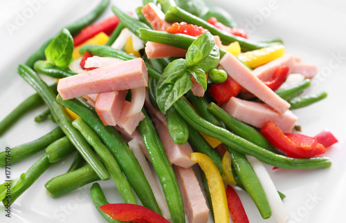 Plate with delicious green beans salad, closeup