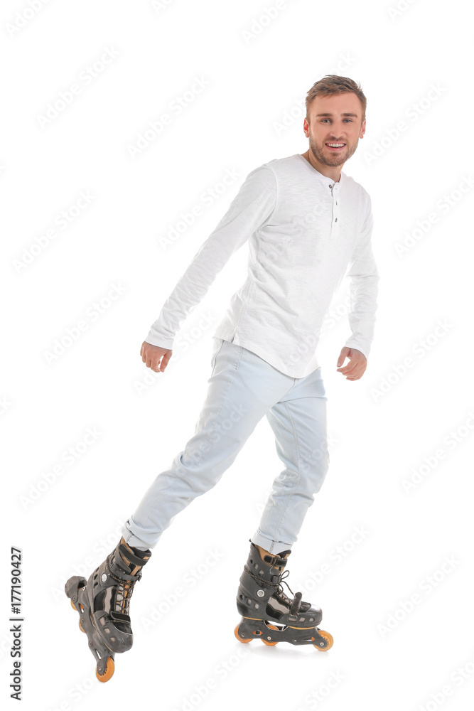 Man on roller skates against white background Man on roller skates against white background