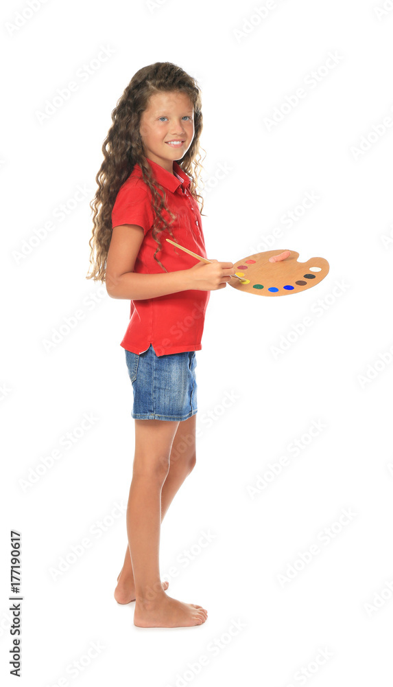 Little cute girl with brush and palette on white background Little cute girl with brush and palette on white background