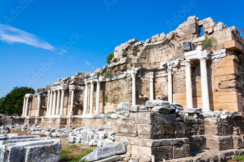 Ancient Amphitheater in the ancient city of Hierapolis. Summer. Pamukkale, Turkey. 