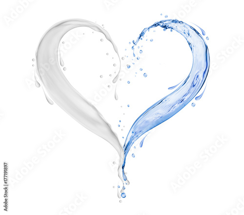Splashes of white cream and water in the shape of heart on white background
