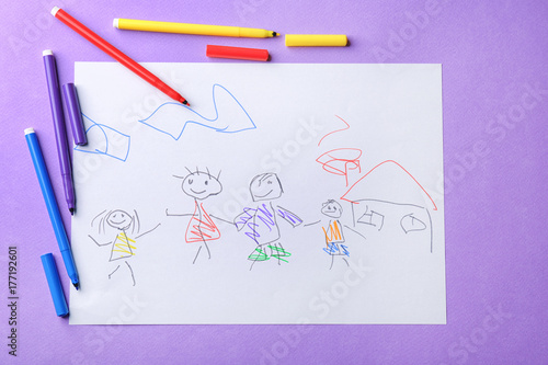 Child's drawing of family on violet background