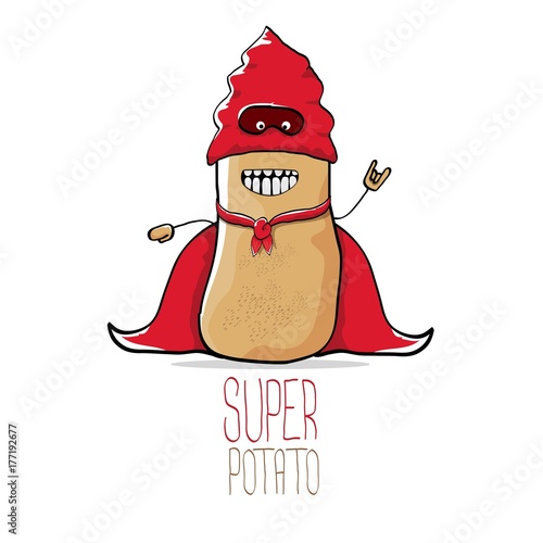 vector funny cartoon cute brown super hero potato with red hero cape