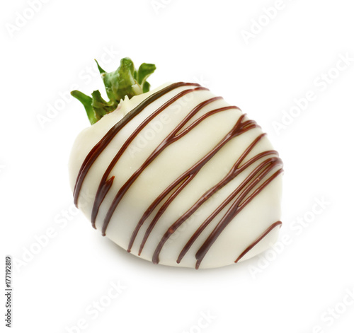 Tasty chocolate dipped strawberry on white background