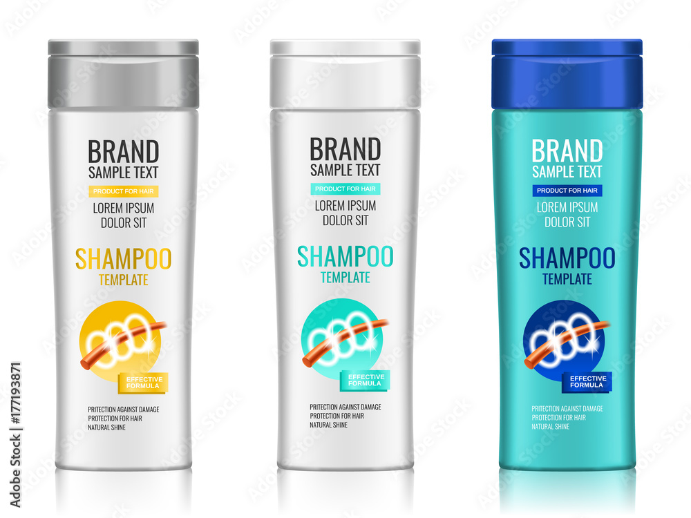 Cosmetic packaging, realistic plastic shampoo or shower gel bottle template with different design of packaging, 3d illustration. Vector Cosmetic packaging, realistic plastic shampoo or shower gel bottle template with different design of packaging, 3d illustration. Vector