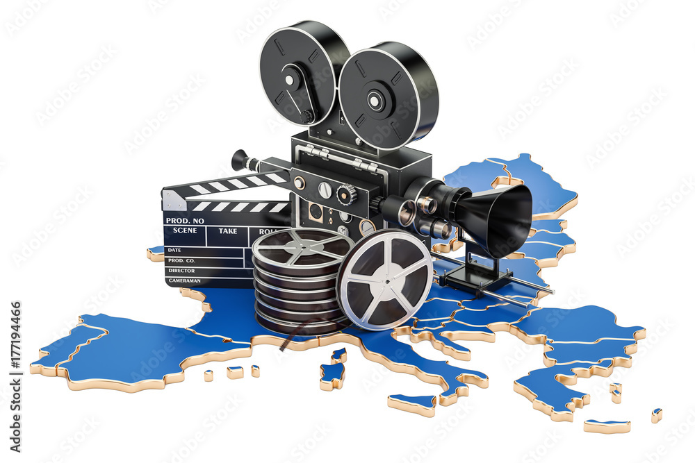 Naklejka premium European cinematography, film industry concept. 3D rendering