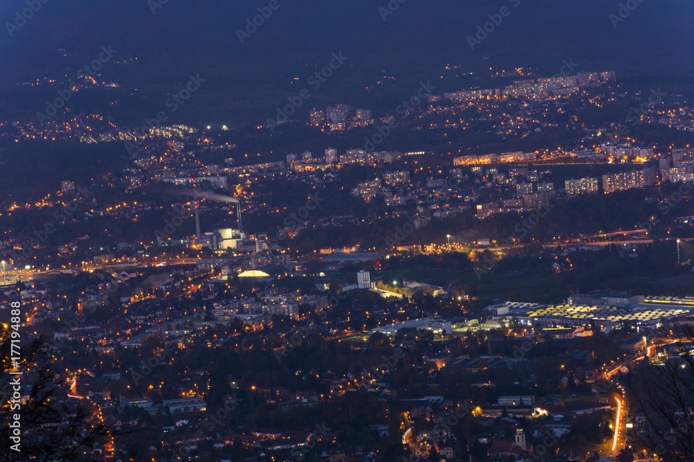 Aerial view on the Liberec city. Night lighten city. 