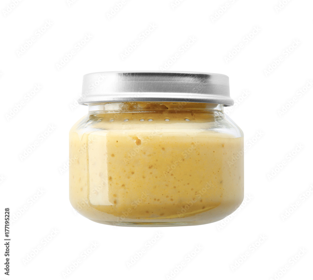 Jar of tasty baby food, isolated on white Jar of tasty baby food, isolated on white