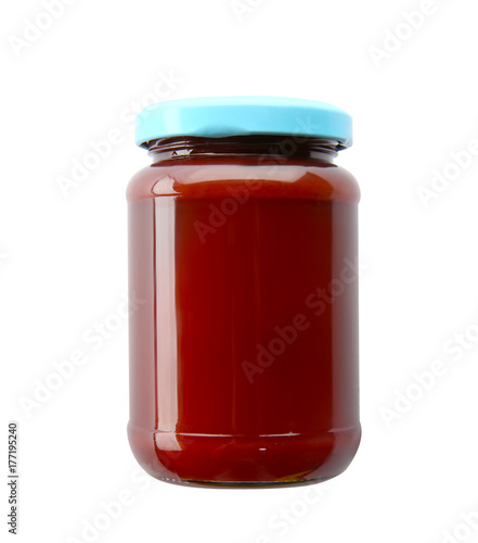 Jar of tasty baby food, isolated on white