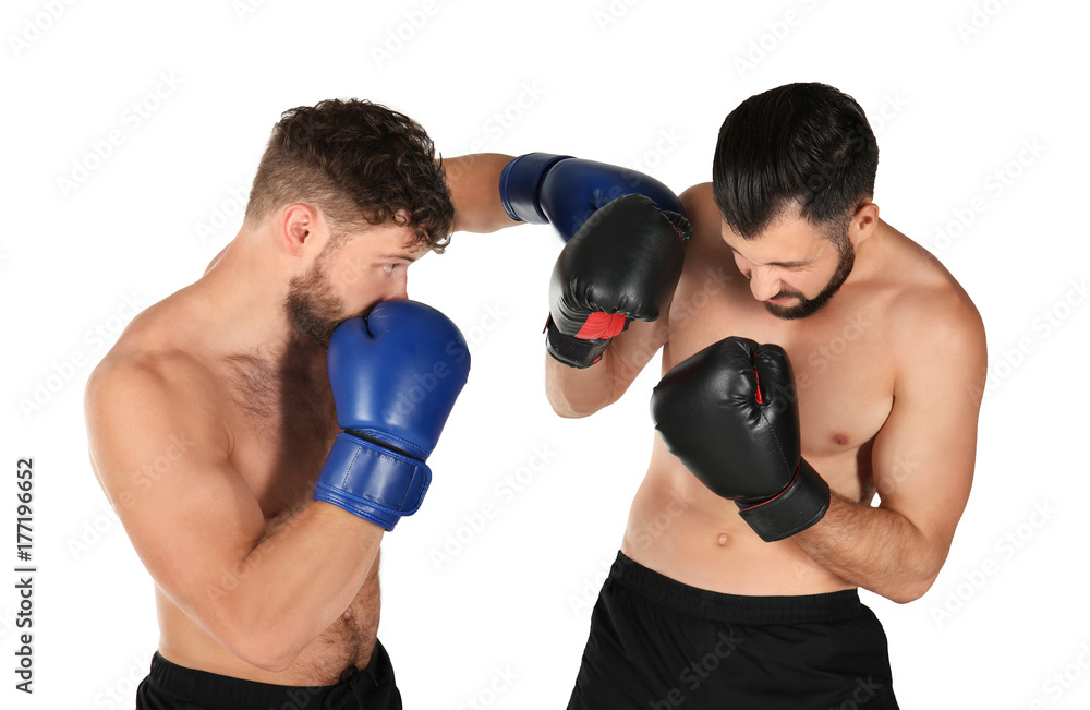 Male boxers fighting on white background Male boxers fighting on white background