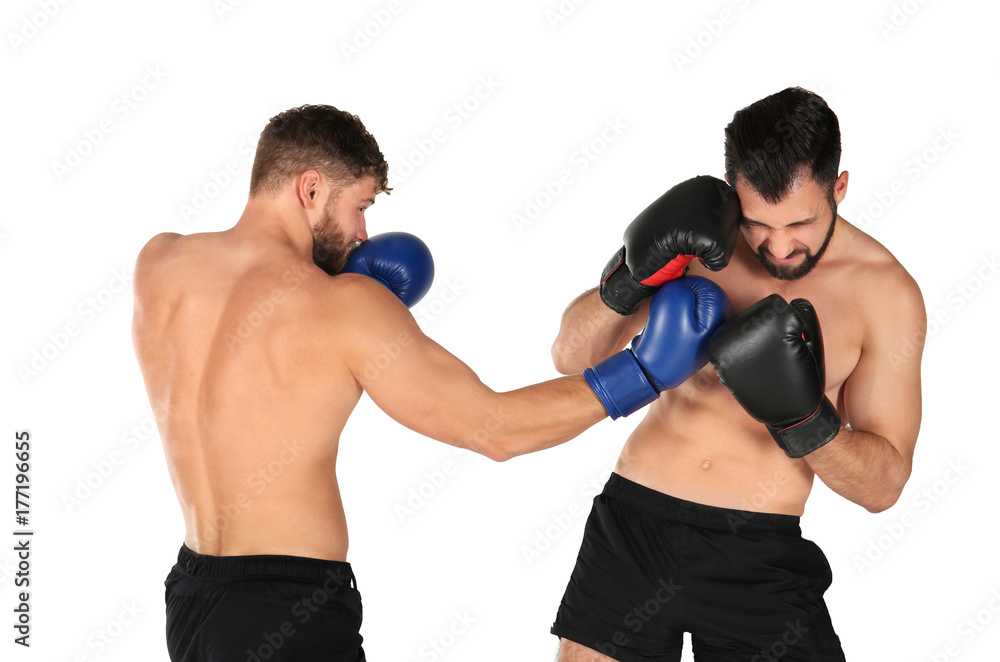 Male boxers fighting on white background Male boxers fighting on white background