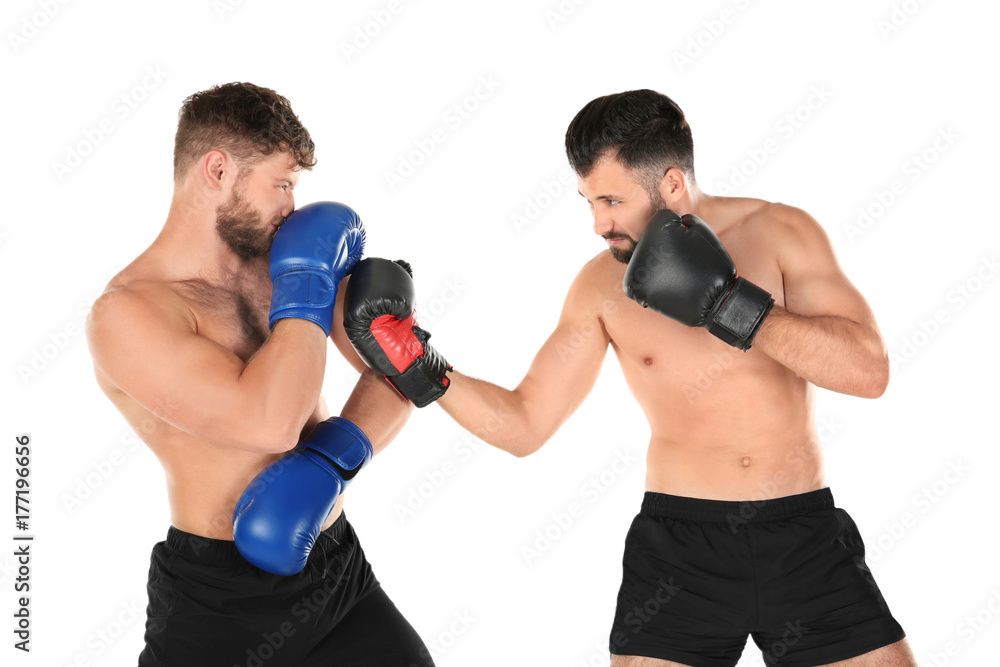 Male boxers fighting on white background Male boxers fighting on white background