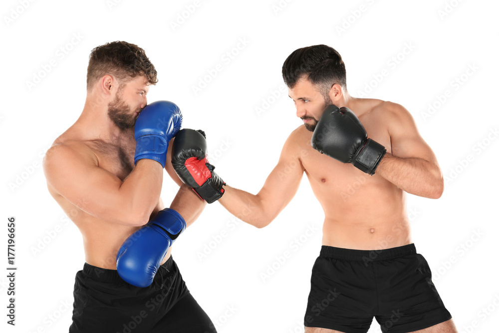 Male boxers fighting on white background