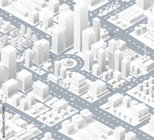 Urban district of the city in isometric landscape town infrastructure of houses, streets and buildings
