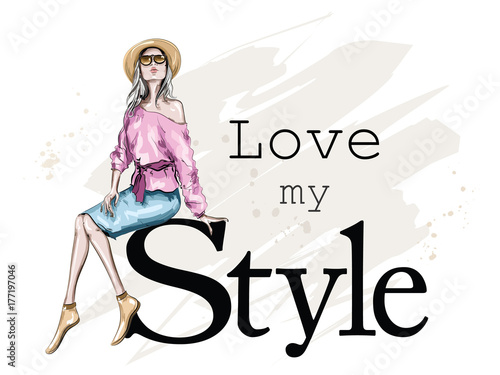 Beautiful young woman in hat. Fashion girl sitting. Stylish woman in sunglasses. Sketch. Vector illustration.