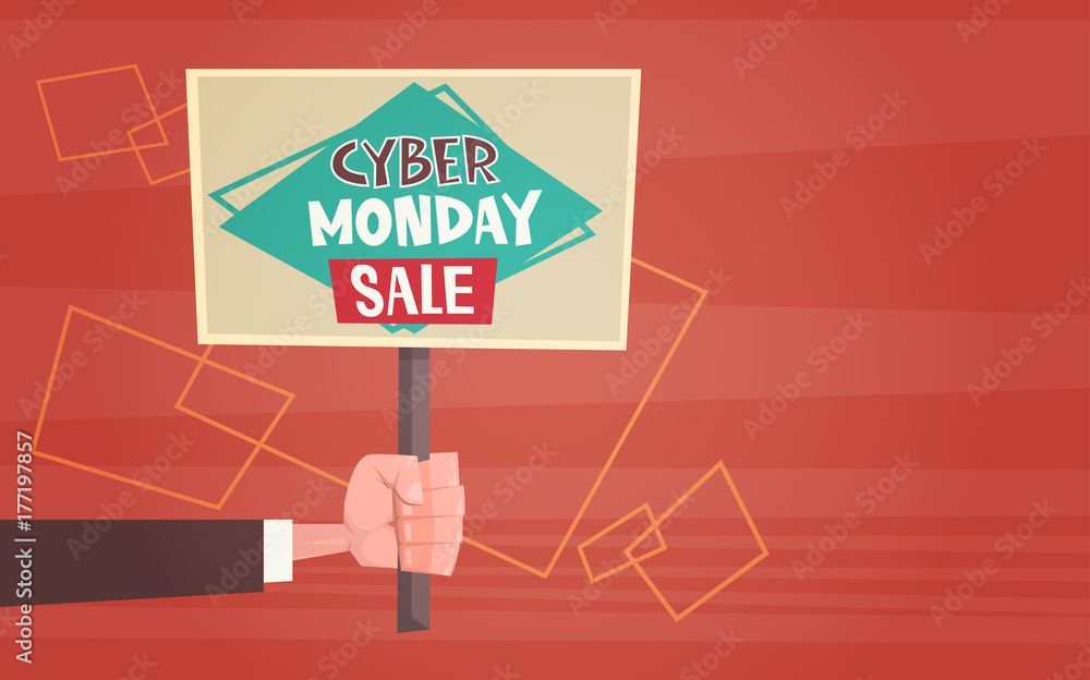 Hand Holding Banner With Text Cyber Monday Sale Deals Design Online Holiday Shopping Concept Vector Illustration Hand Holding Banner With Text Cyber Monday Sale Deals Design Online Holiday Shopping Concept Vector Illustration