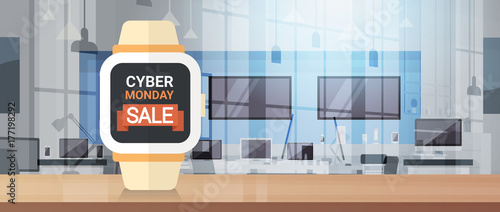 Cyber Monday Sign On Smart Watch Monitor Big Sale Banner Background Design Vector Illustration