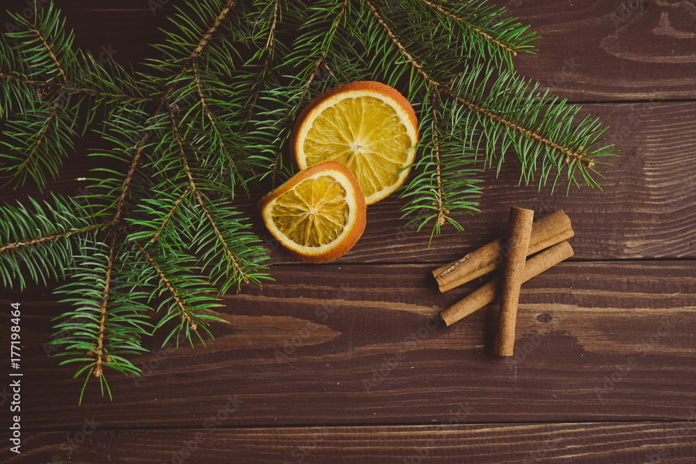 Christmas tree with dried oranges and cinnamon Christmas tree with dried oranges and cinnamon