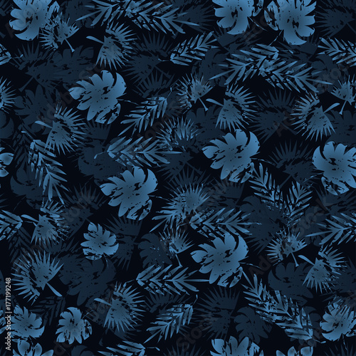 Abstract seamless tropical pattern for girl and boy. Creative vector background  colorful wallpaper with green branches ferns  tropical plants. Print summer exotic jungle plant palm leaves.