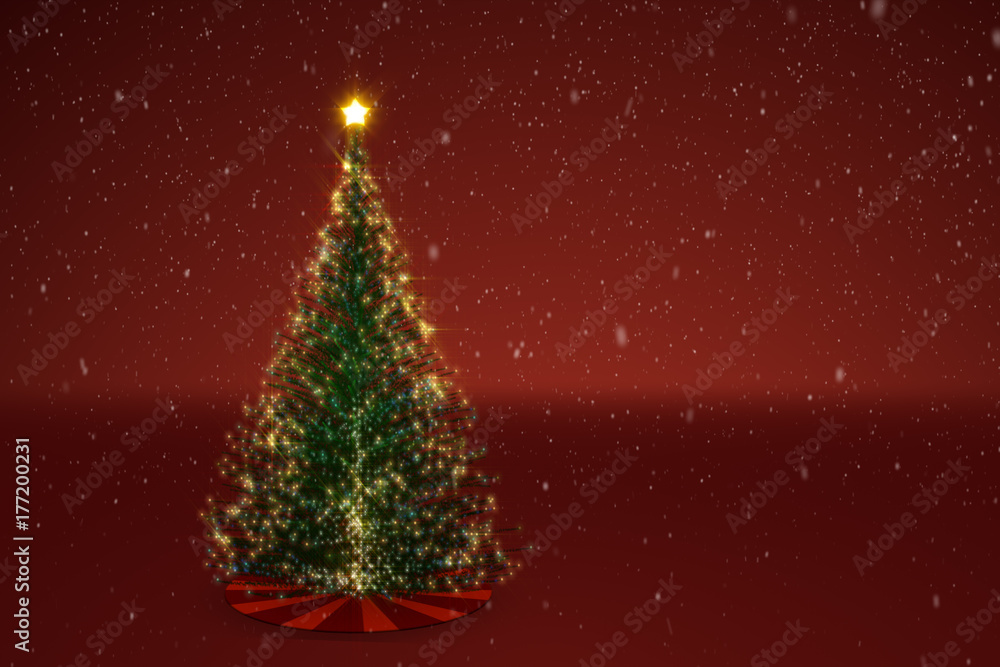3d illustration of a glowing decorated Christmas tree with snow and a red festive background 3d illustration of a glowing decorated Christmas tree with snow and a red festive background
