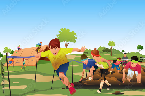 Kids Competing in a Obstacle Running Course Competition