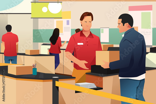 Man Shipping a Box in Store Illustration