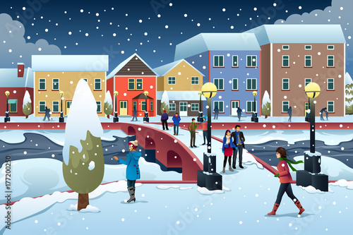 People Walking in Town During Winter Illustration