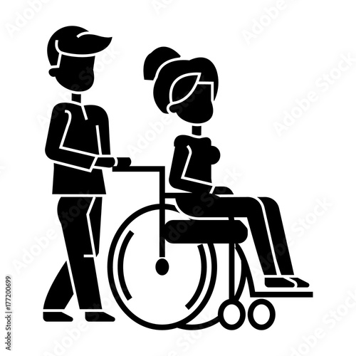 young man strolling with woman in wheelchair, nursing care for disabled people  icon, vector illustration, black sign on isolated background