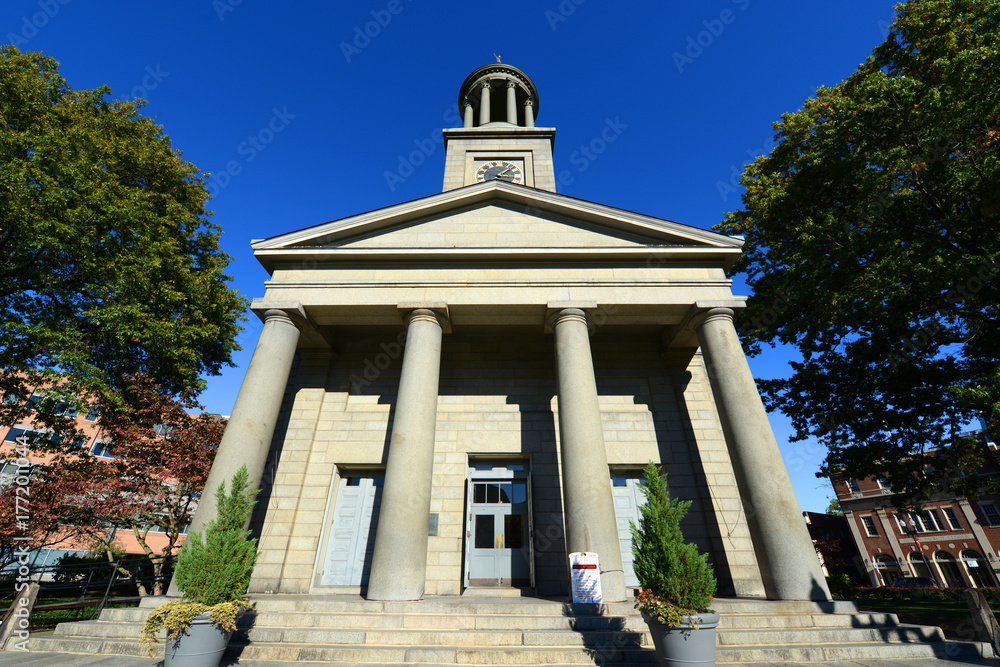 United First Parish Church was built in 1828 in downtown Quincy
