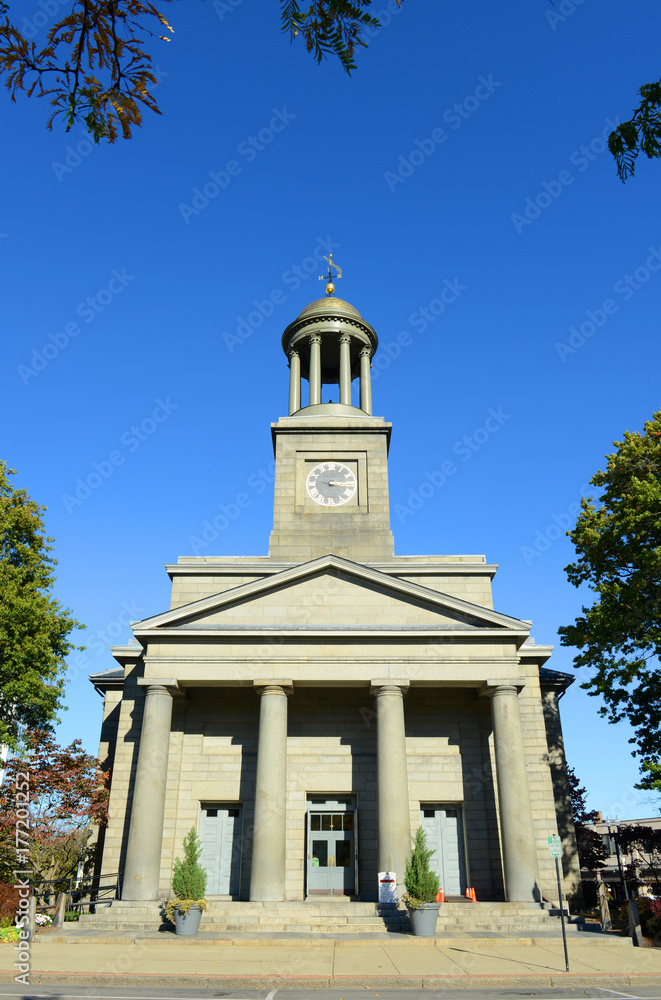 United First Parish Church was built in 1828 in downtown Quincy, Massachusetts, USA. Presidents John Adams and John Quincy Adams are buried in the family crypt beneath the church.