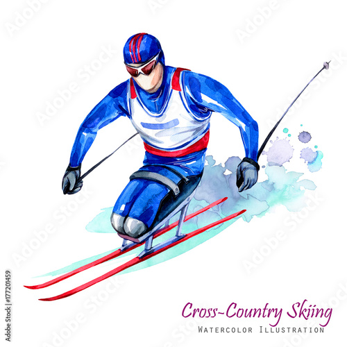 Watercolor illustration. Cross-Country Skiing. Disability snow sports. Disabled athlete riding by ski on snow. Active people. Man. Disability and social policy. Social support. Extreme.
